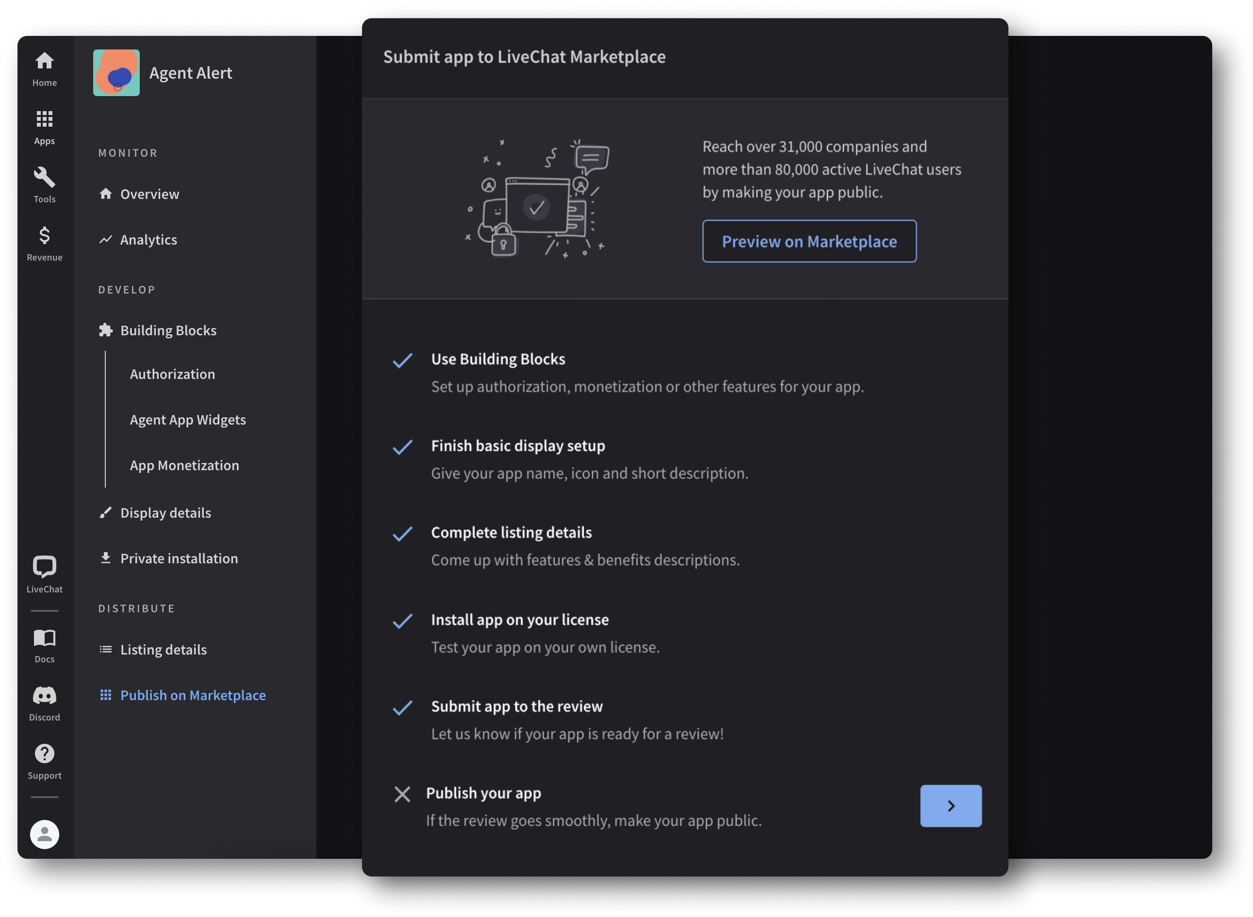 LiveChat Publish your app on Marketplace